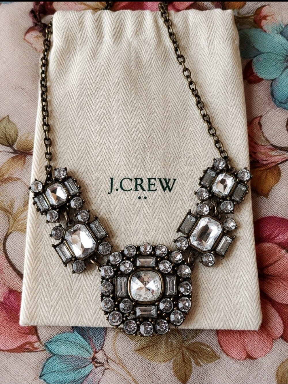 J Crew Clear Rhinestone Statement Necklace Antique Brass Baguettes Lobster Clasp